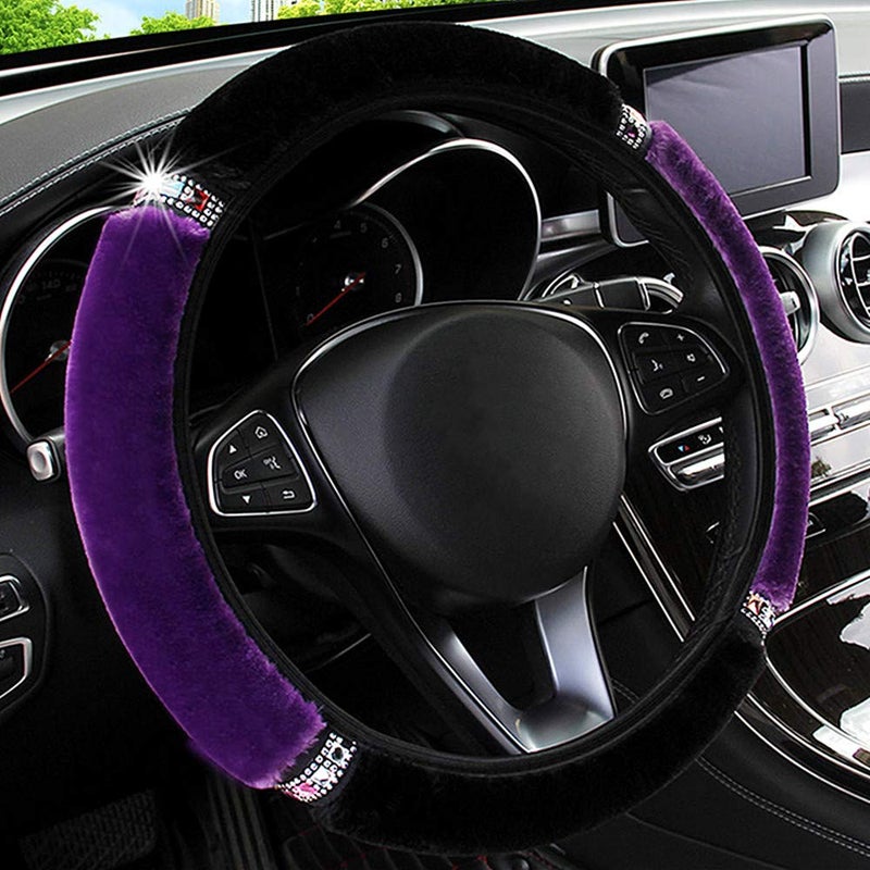 LABBYWAY Plush Steering Wheel Cover with Bling Bling Crystal Rhinestone, Universal 15 Inch Elastic Fluffy Steering Wheel Accessories for Women Girls, Purple - Image 1